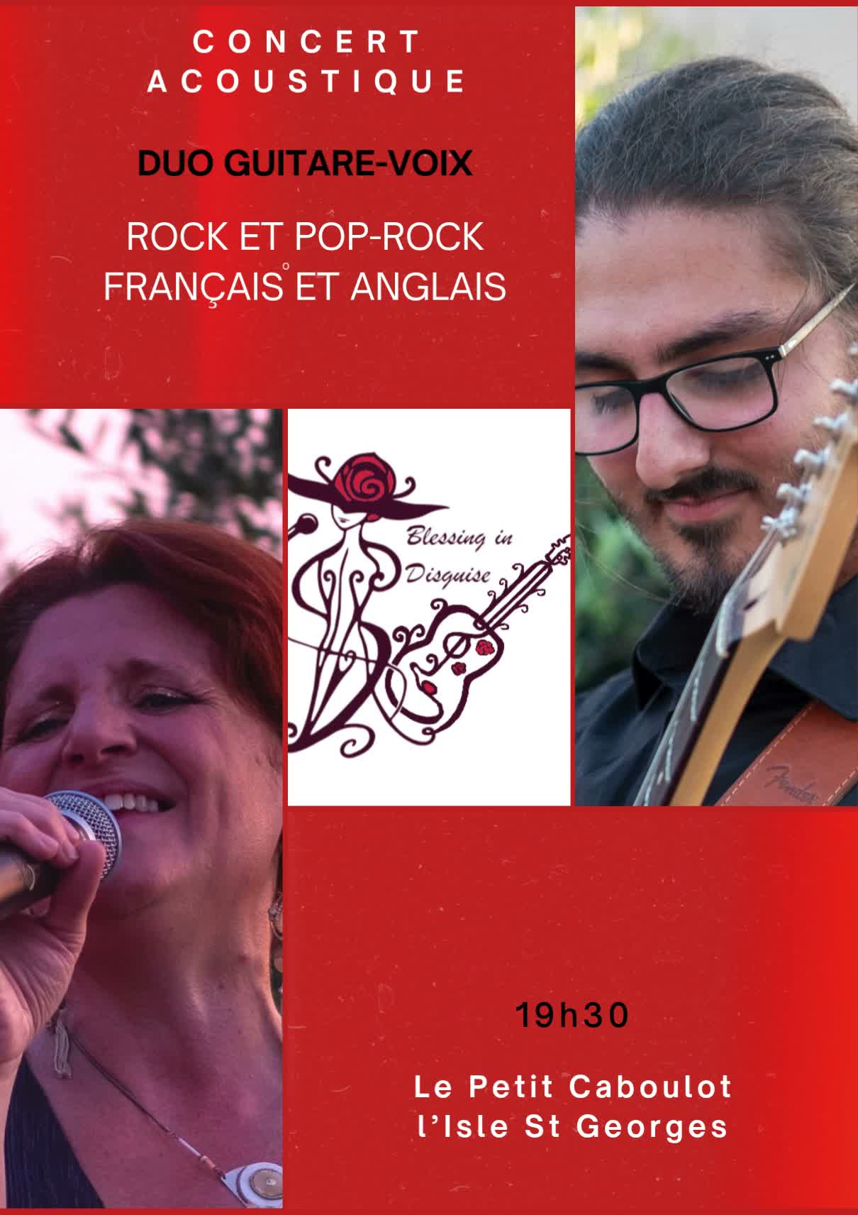 Nouveau concert acoustique de Blessing in disguise, duo guitare-voix, rock et pock rock français et anglais, prévu au Petit Caboulot le vendredi 3 juillet à partir de 19h30 
 #lepetitcaboulot #concerts #BlessingInDisguise  #islesaintgeorges 

RESTAURANT LE PETIT CABOULOT 

📍12 Place de l’Église, L’Isle-Saint-Georges 33640

Parking de l'Eglise - Gratuit

🕦HORAIRES

> Fermé le lundi toute la journée

> Déjeuner uniquement le mardi, mercredi et dimanche

> Déjeuner & dîner le Jeudi, vendredi et samedi

> Fermé Le Dimanche soir

RÉSERVEZ VOTRE TABLE

📞 + 33 (0)5 56 20 06 97

http://bit.ly/3S7EZac

INFORMATIONS

https://www.lepetitcaboulot.com/